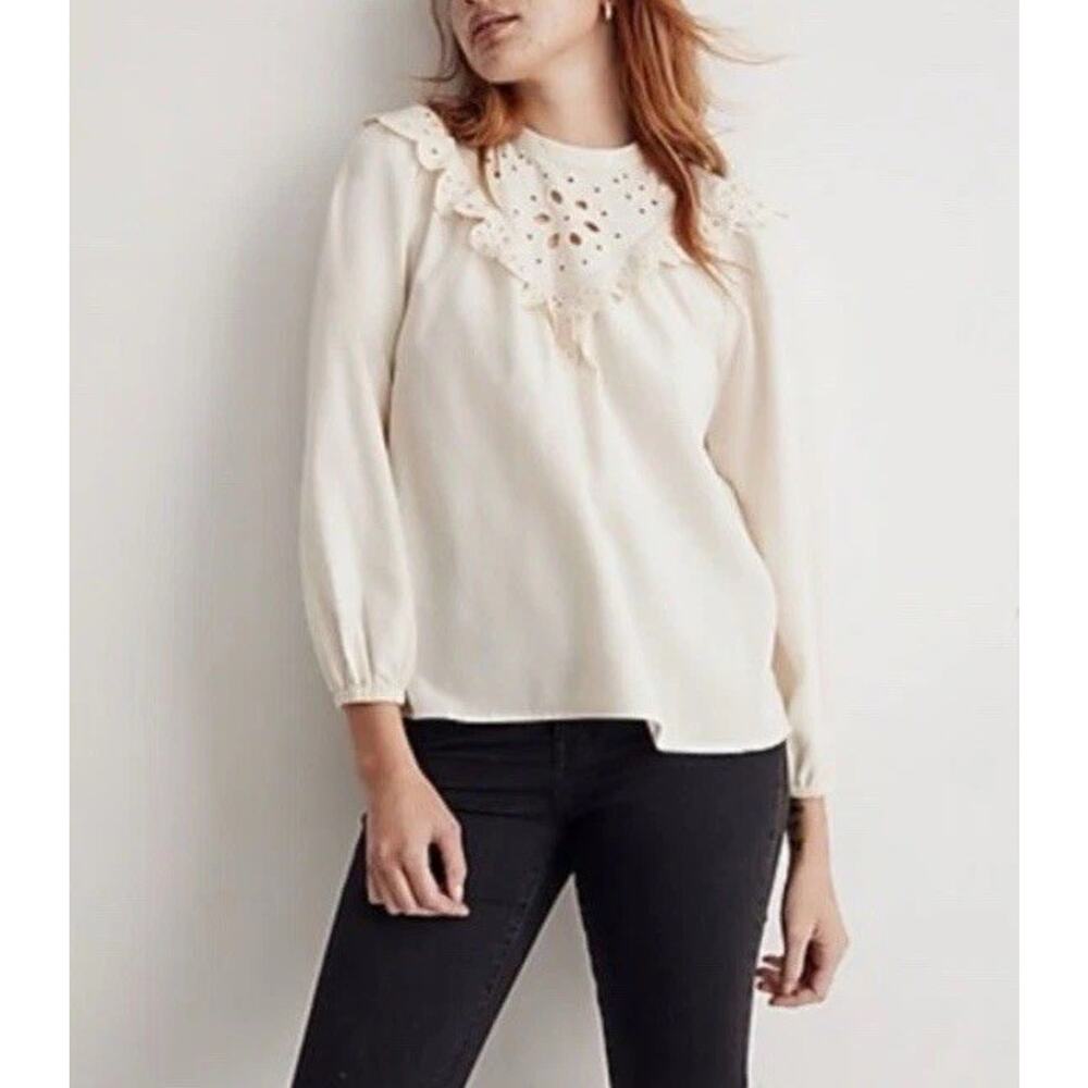 Madewell Embroidered Eyelet Ruffle Flannel Back Button Prairie Top Tunic X-LARGE - Picture 15 of 16